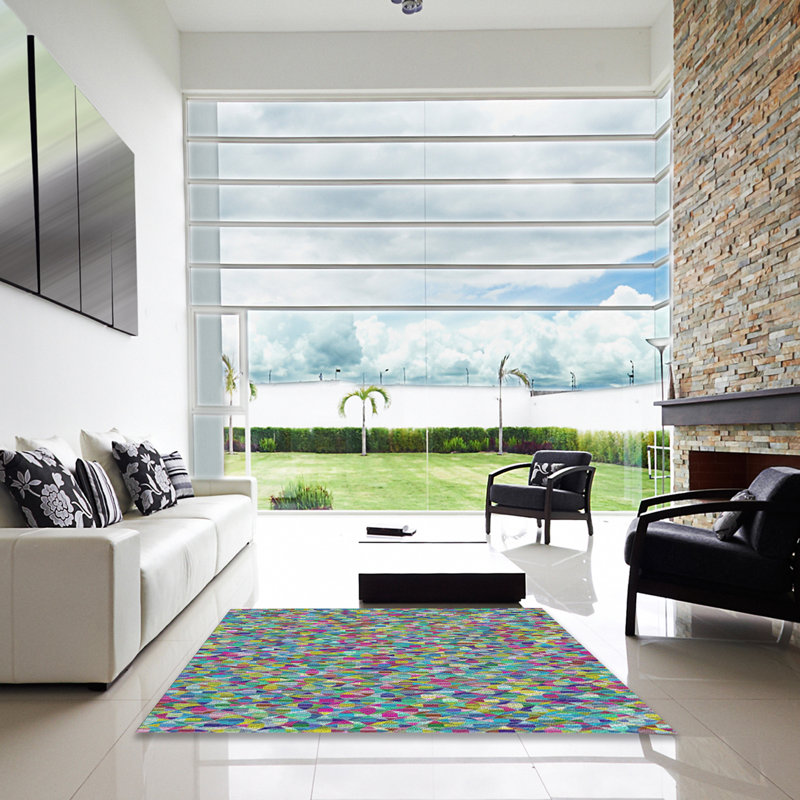 Tapis jaune/bleu/orange à motifs, Carré 7 pi