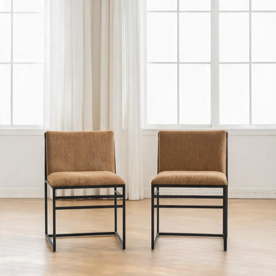 Upholstered Linen Side Chairs Set of 2 with Iron Frame, Minimalist Design for Dining Room or Home Office Use