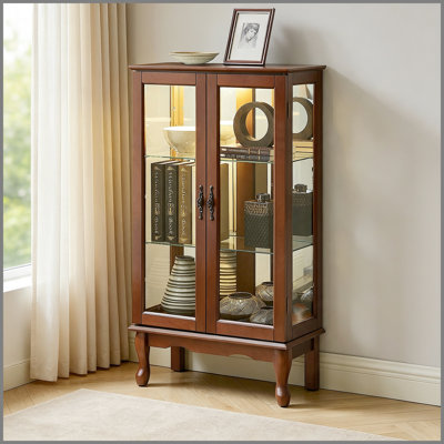 Cabinet Curio avec tablettes réglables et panneau arrière en miroir, portes en verre trempé (blanc, 3 niveaux)