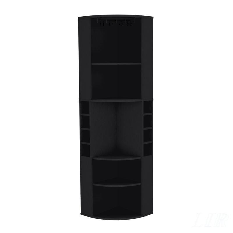 Bar Oban avec cinq tablettes, huit casiers à bouteilles et rangement pour verres à pied en noir, Black