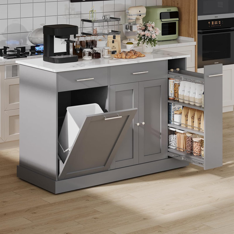 Îlot de cuisine sur roulettes avec rangement pour poubelle, table d'îlot portable pour la cuisine, Blanc / Gris