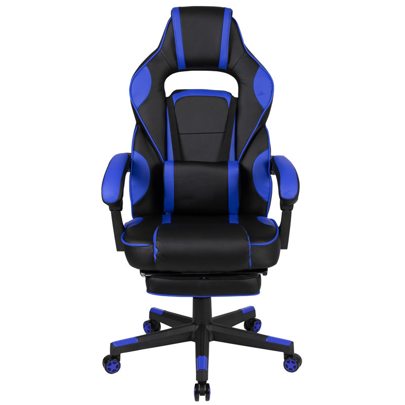 Massaging Adjustable Ergonomic Swivel Computer Gaming Chair with Fully Reclining Back and and Slide-Out Footrest, Blue/Black