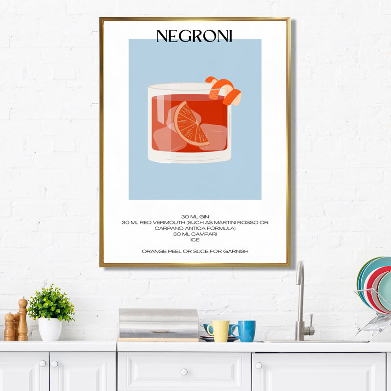 «Negroni Old Fashioned Glass Cocktail», reproduction d'art mural, Cadre flottant doré, H 20 po x l 12 po