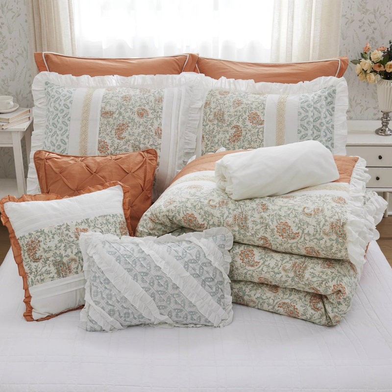 Édredon 9 pièces grand corail - coton, imprimé élégant, 2 taies décoratives, 3 coussins décoratifs Euro, literie à motif charmant et ignifuge, literie allergène