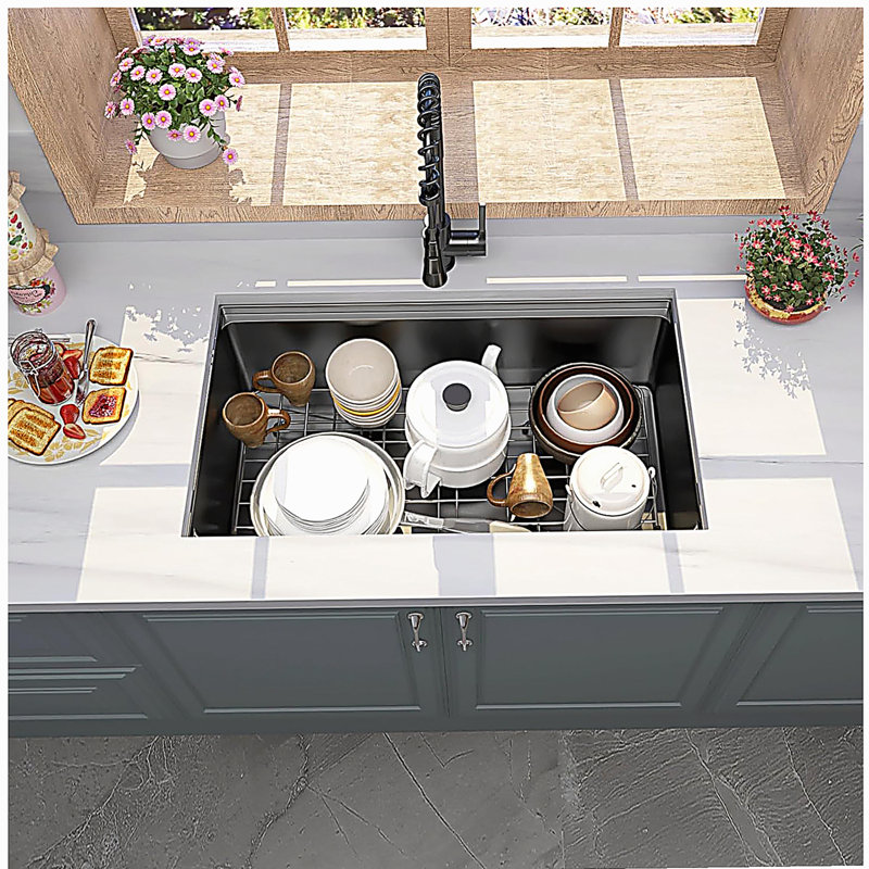 32 Gunmetal Black Undermount Workstation Kitchen Sink-32 x 19 Inch 16 Gauge Stainless Steel Undermount Kitchen Sink, Handmade R10 Radius 10 Inch Deep Undermount Single Bowl Sink with Accessories