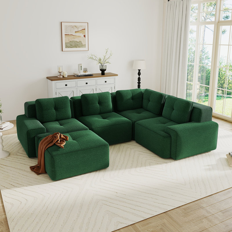 Canapé modulaire de salon avec canapé à 4 places en V, tissu velours côtelé, sans assemblage, Velours côtelé vert