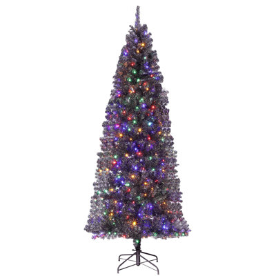 Arbre de Noël pré-éclairé au crayon, noir mince artificiel - 300 lumières DEL bicolores - 858 PVC Conseils - Support en métal robuste - Décoration intérieure de vacances et d'Halloween - noir brillant