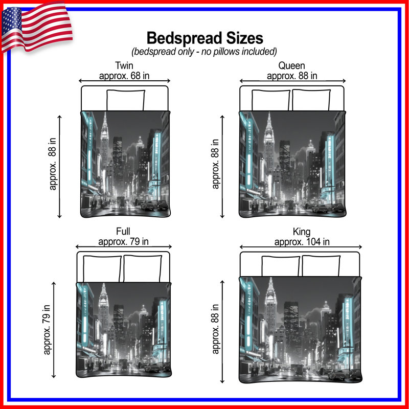 Retro Cityscape Night Quilted Bedspread All Sizes, Queen