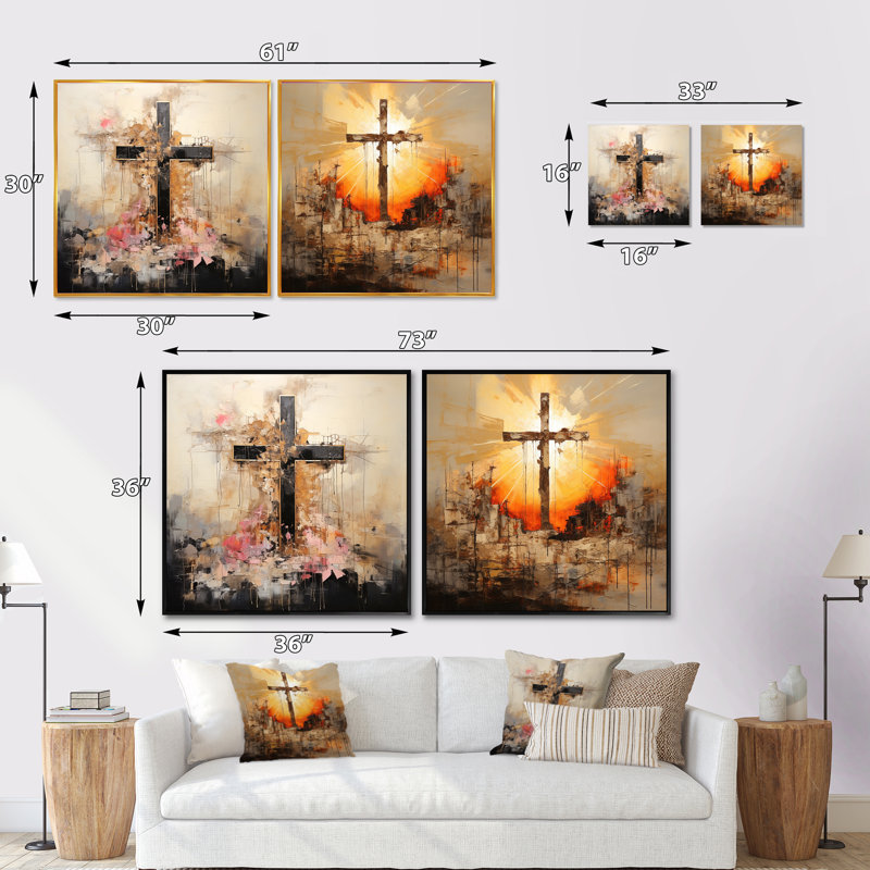 Minimalisme floral, croix religieuse - ensemble de 2 collages carrés, Cadre flottant noir, H 16 po x l 33 po