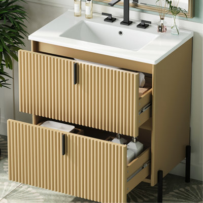 Meuble-lavabo 30 po avec lavabo en céramique, tiroir à extension et esthétique cannelée faite à la main pour les espaces de conception américaine moderne
