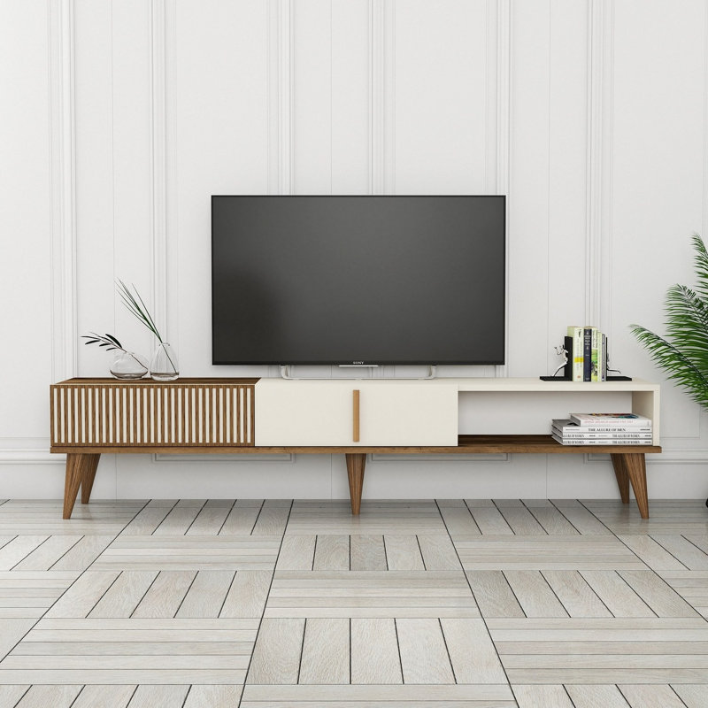 Meuble télé moderne avec de nombreuses tablettes, noyer et crème, 70,9 x 15,7 x 15,0 pouces | 100% panneau de particules enduit de mélamine, épaisseur: 0,7 pouce | Pieds en plastique, montables au mur, supportant jusqu'à 66 lb | Design scandinave