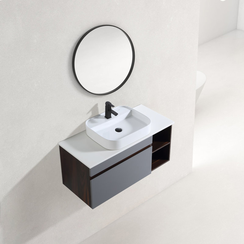 Meuble-lavabo mural simple 42 po avec comptoir en pierre d'ingénierie blanche et lavabo en céramique, Gris roche