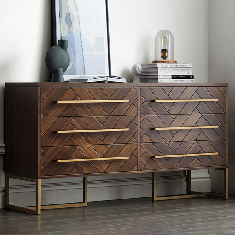 Dark Wood 6 Drawer Dresser With Gold Metal Base