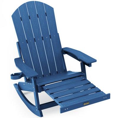 Outdoor Adirondack Rocking Chair With Retractable Ottoman HIPS All Weather Oversized Plastic Patio Rocker Chair