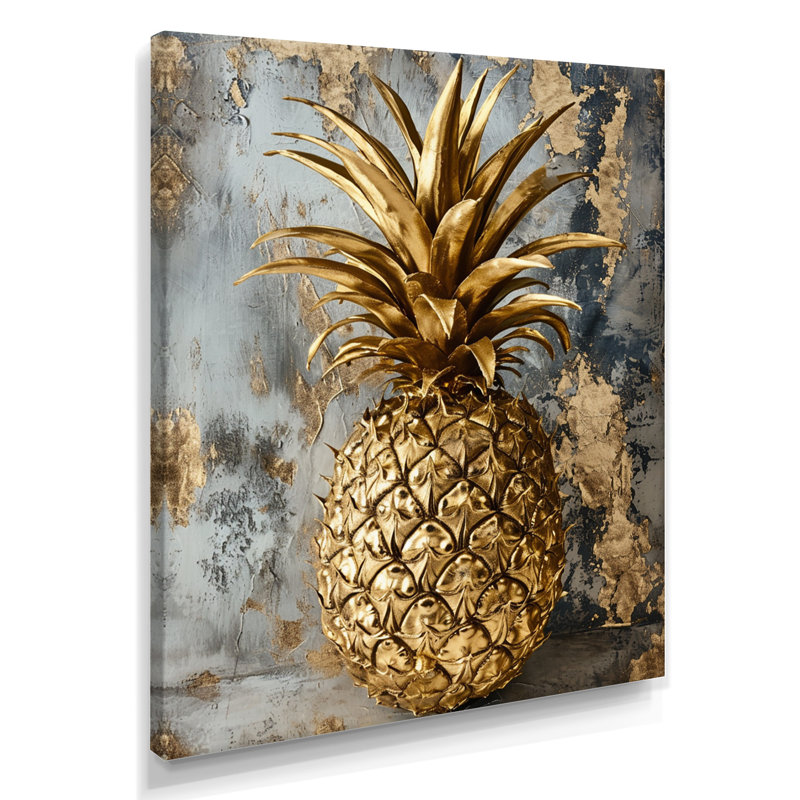 Golden Glam Pineapple - Ananas, art mural, Toile tendue, H 40 po x l 30 po x P 1,5 po