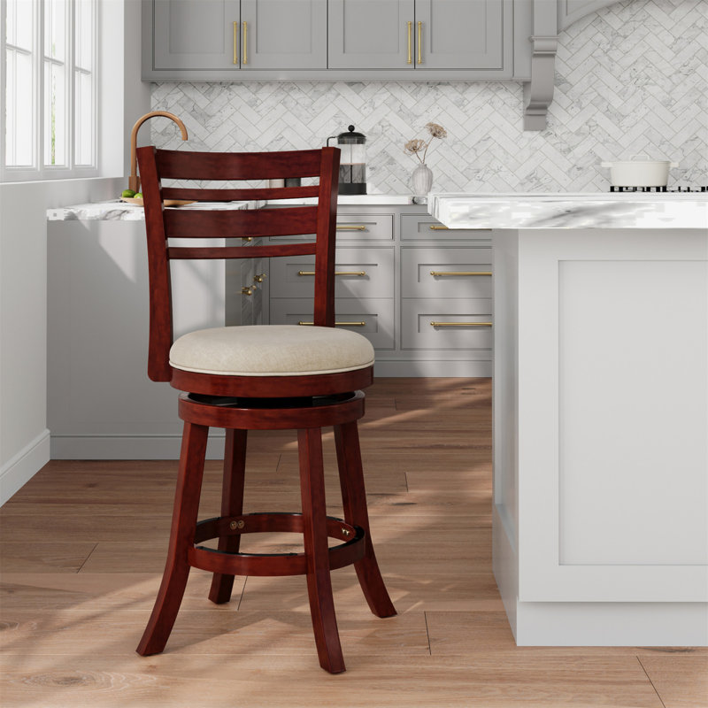24" Counter Height Slat Back Swivel Stool, Cherry Finish, Beige Fabric Seat, Beige Seat/Cherry Frame