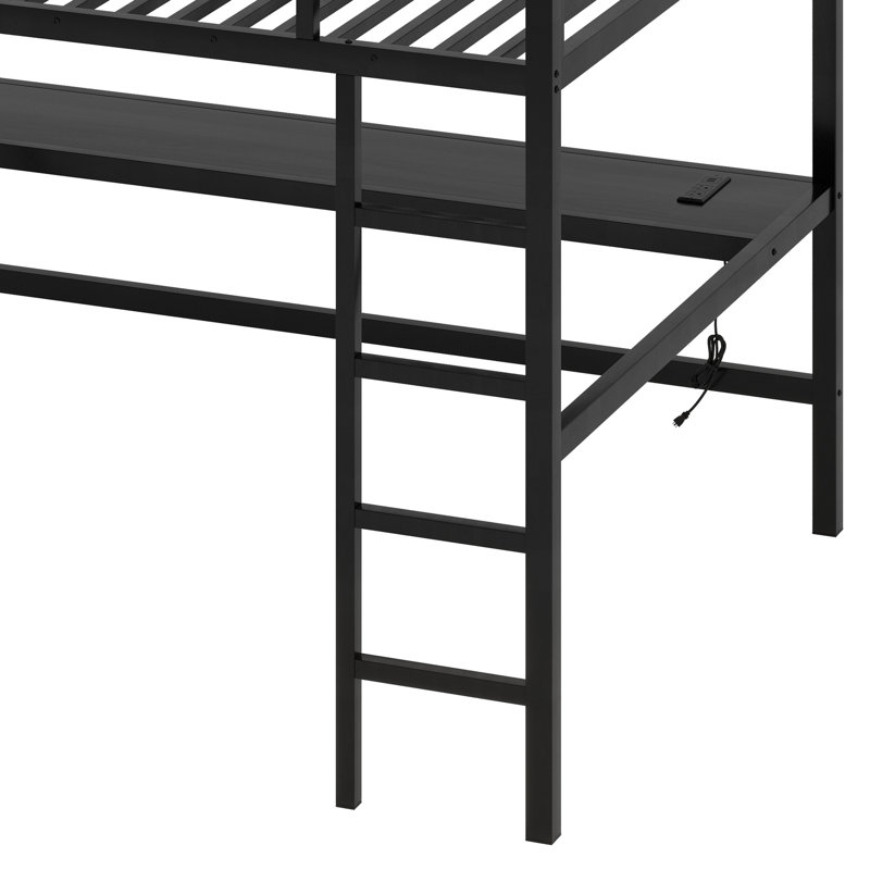 Metal Loft Bed With Power Outlet And LED Lighted, Space-Saving