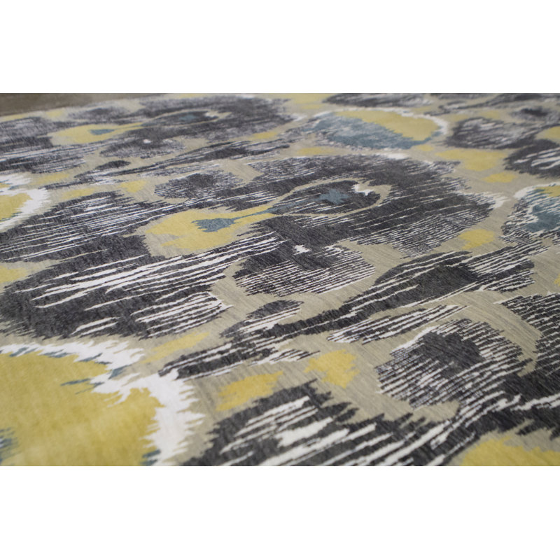 Wool Damask Area Rug in Dark Gray/Yellow