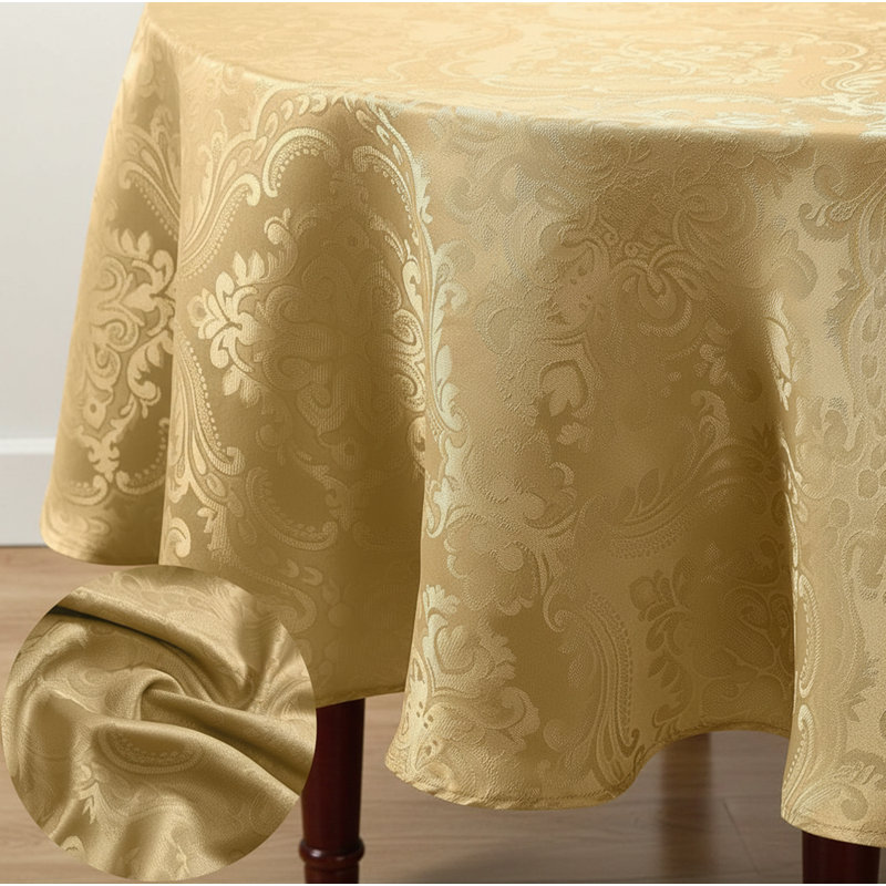 Home Fashions Caiden Elegance Damask Waterproof Tablecloth, 90" Round, Gold