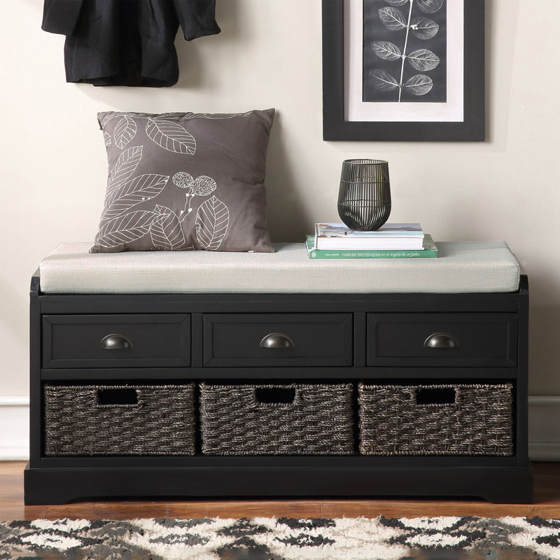 44" Wide Shoe Storage Bench with Cushion Entryway Bench Storage Bench with 3 Drawers and 3 Rattan Baskets, Black