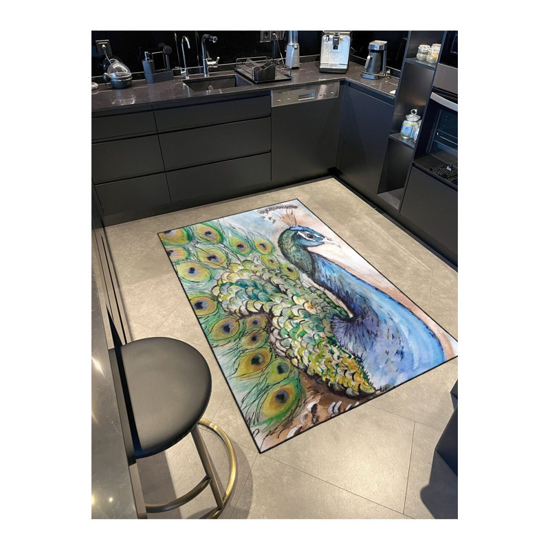 Tapis décoratif à motif paon lavable à la machine, Rectangle 3 pi 3 po x 4 pi 11 po