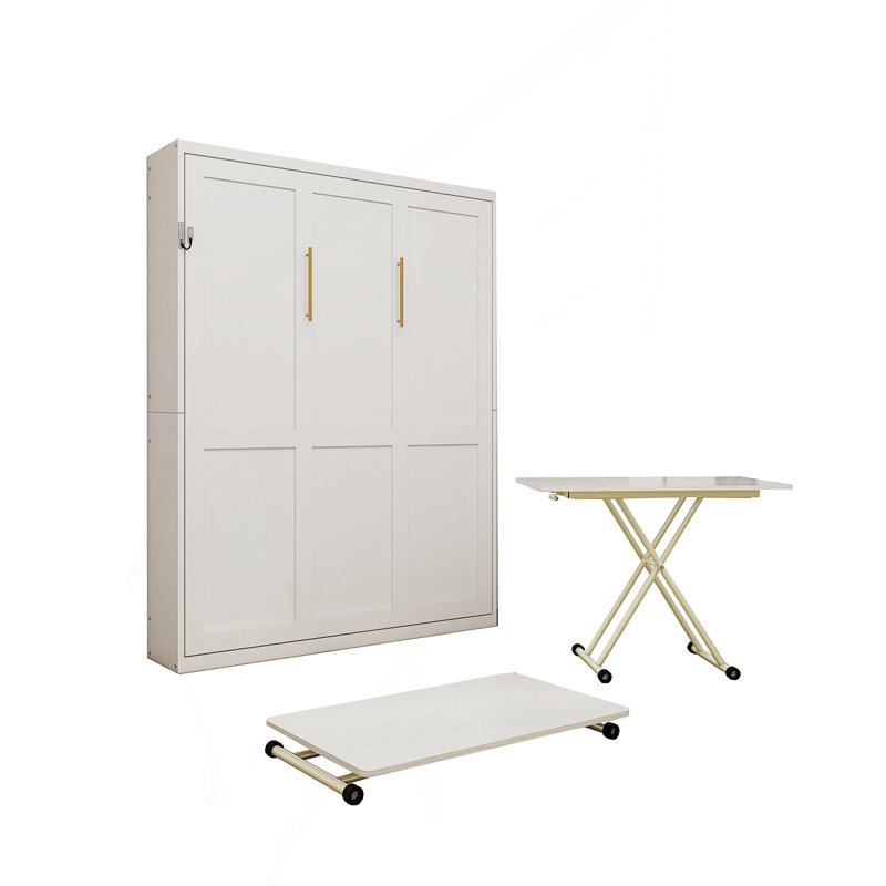 Wall Mounted Murphy Bed with Separate Manual Height Adjustable Desk, Space Saving Foldable Wall Bed & Computer Desk