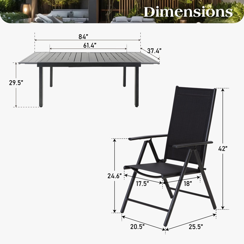 8 - Person Patio Dining Set with Extendable Rectangular Table, Black