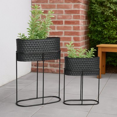 Ensemble de 2 jardinières en métal - Jardinières ovales noires classiques classiques en métal de 20 po et 24 po sur supports pour décorations d'intérieur ou d'extérieur - Idée cadeau de plante