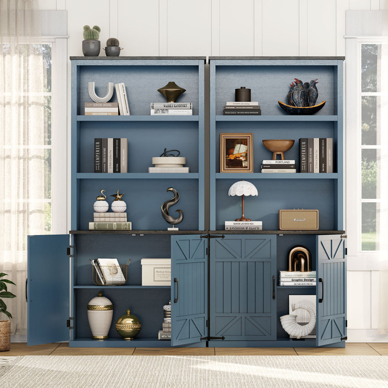 70'' Tall Blue MDF Farmhouse Bookcase with Doors and Shelves