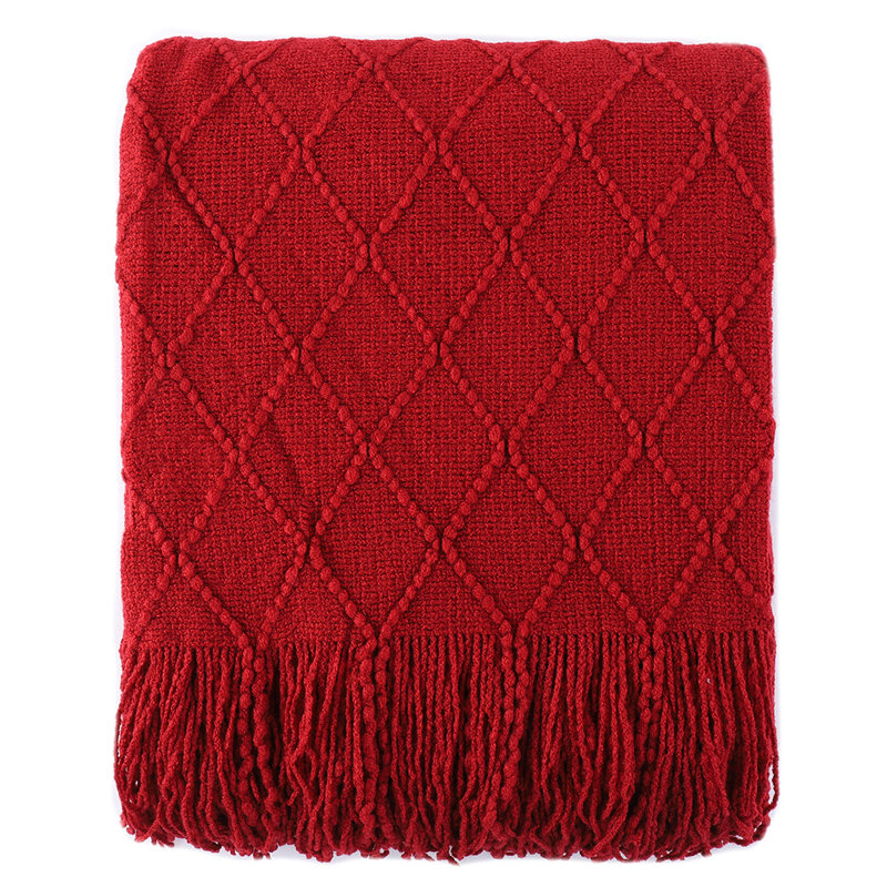  Couverture tricotée à motif de losanges, jeté de style bohème avec pampilles pour la maison, le canapé, le lit et le salon