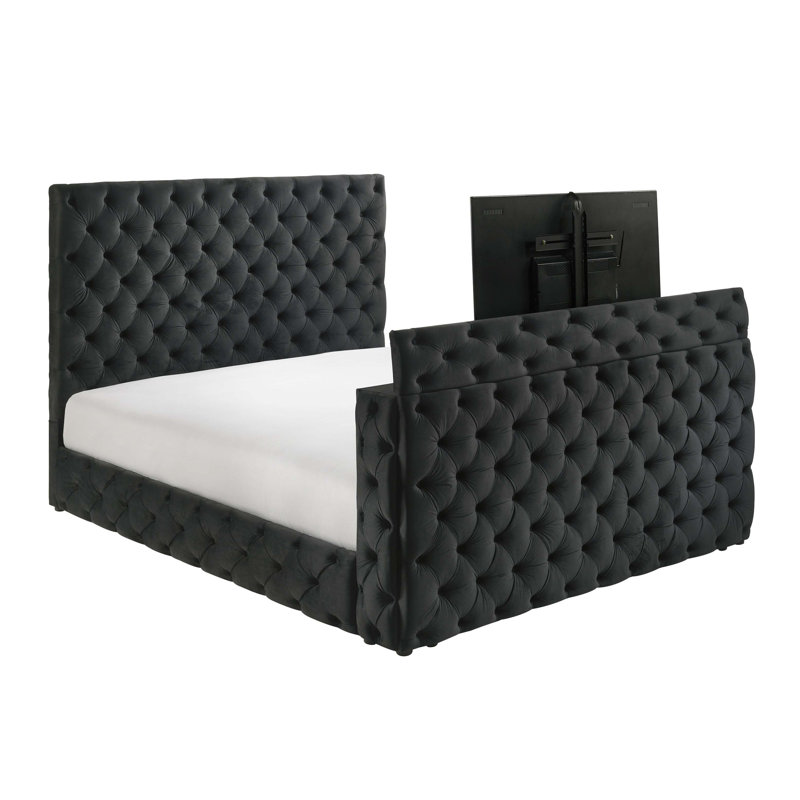 Lit luxueux à une pièce avec tête de lit capitonnée, garniture cloutée, conception rembourrée, fonction télé et rangement intégrés