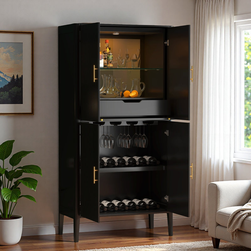 Modern Fluted Wine Cabinet With Glass Display, Stemware Rack, Drawer, Adjustable Shelves And Built-in Led Lighting, Black