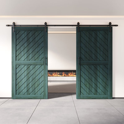 Homacer Royal Pine Unassembled & Finished Slanted Stripe Design Two Barn Door with Non-Bypass Installation Hardware Kit, interior use only