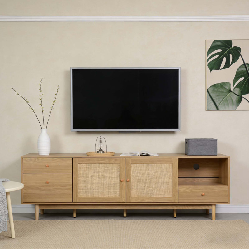 Meuble télé pour téléviseur 65, 75, 85 pouces Boho, meuble audio-vidéo avec rangement ouvert et tiroirs, console multimédia en bois avec rotin