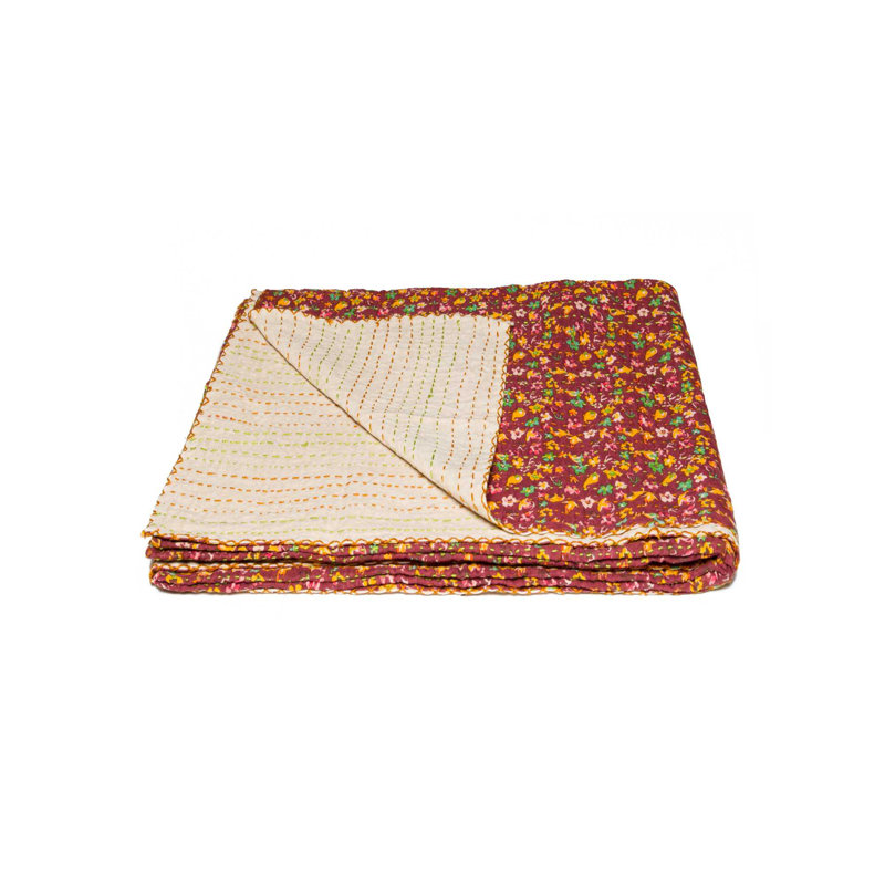 Maroon Yellow and Green Kantha Cotton Floral Throw Blanket with Embroidery