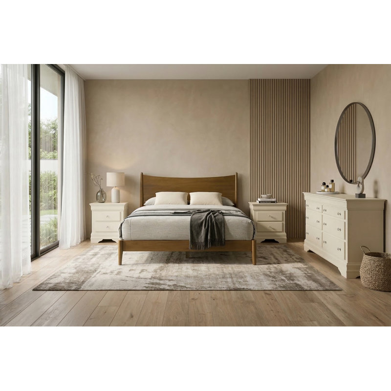 Barvelle Solid Wood 4 Piece Bedroom Set, Brown/Ivory, 4 Pcs: Bed, Dresser, 2 Nightstands