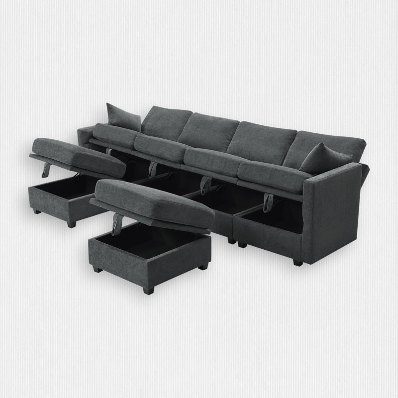 6 - Piece Upholstered Sectional, Grey Chenille