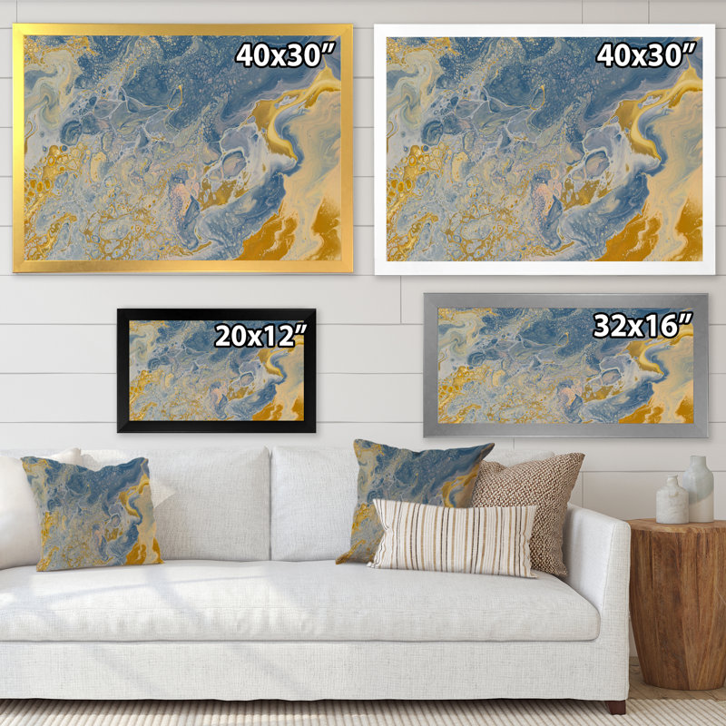 Vagues de marbre brunes et bleues - Peinture sur toile, H 24 po x l 32 po x P 1 po, Encadrement doré