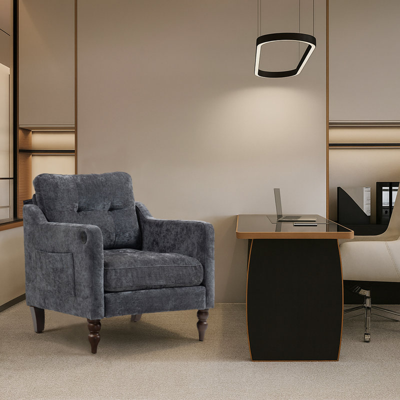 Fauteuil rembourré avec accoudoirs carrés et capitonnés, Dark Grey