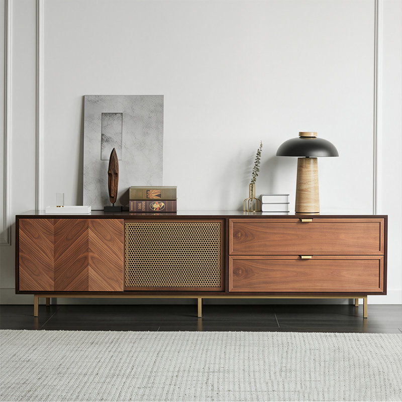 Meuble télé de rangement rétro luxueux en parquet brun et brun foncé, 220 cm (86,61 po).