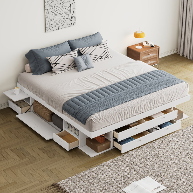 Structure de lit plateforme de rangement avec plusieurs tiroirs et tablettes sans sommier, Blanc, Très grand lit