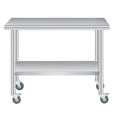 Stainless Steel Outdoor Prep Table – 24x48 Inch Heavy Duty Commercial Work Table – Backsplash, Adjustable Undershelf & Lockable Casters – Food Safe Utility Table for Patio, Restaurant, Kitchen, Garage – Size: 24x48 Inch