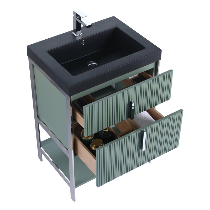  Meuble-lavabo moderne avec plateau en gel acrylique noir Serenity, Chrome / menthe, 24", Noir