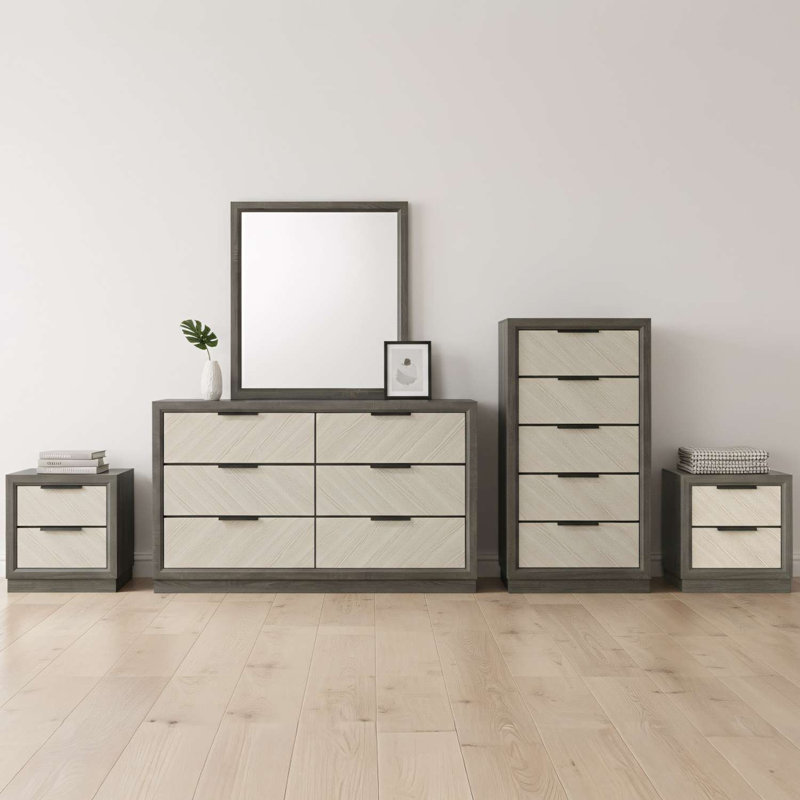 Ensemble de chambre à coucher 5 pièces Visalia - Commode et miroir avec commode et 2 tables de chevet