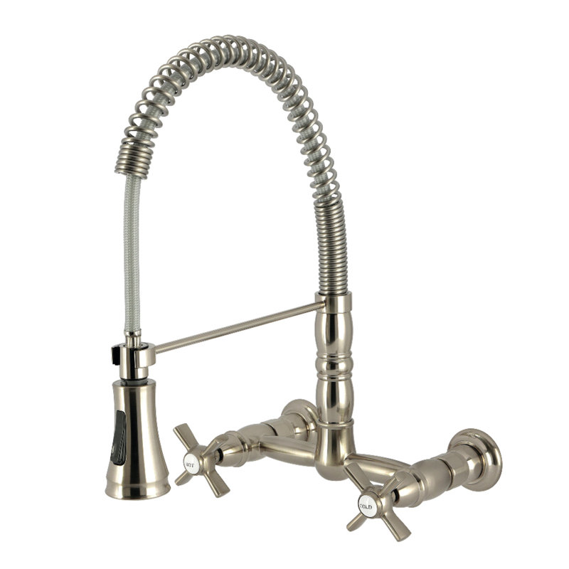 Kingston Brass Millennium Double-Handle 2-Hole Wall-Mount Pre-Rinse Bridge Kitchen Faucet, Brushed Nickel