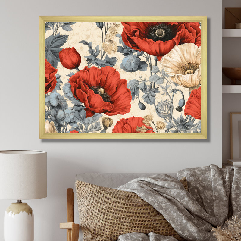 Corail et beige, rêves de coquelicots, H 16 po x l 32 po x P 1 po, Cadre doré simple