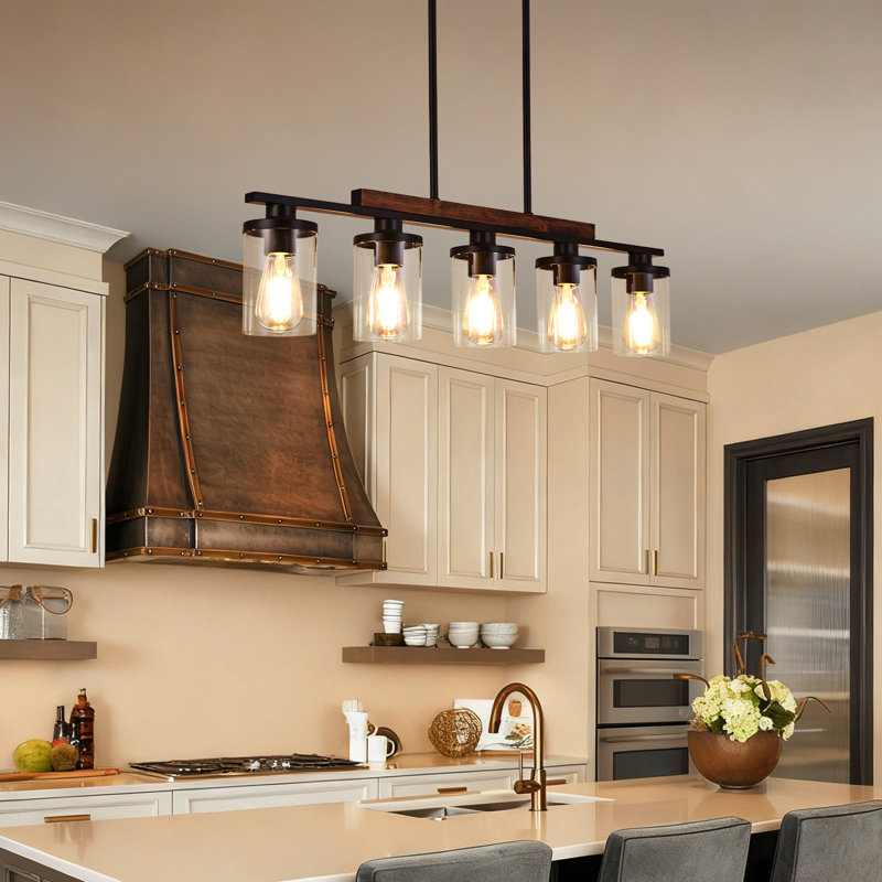 5-Light Wood 34" Kitchen Island Pendant with Clear Glass Shades, 120 V