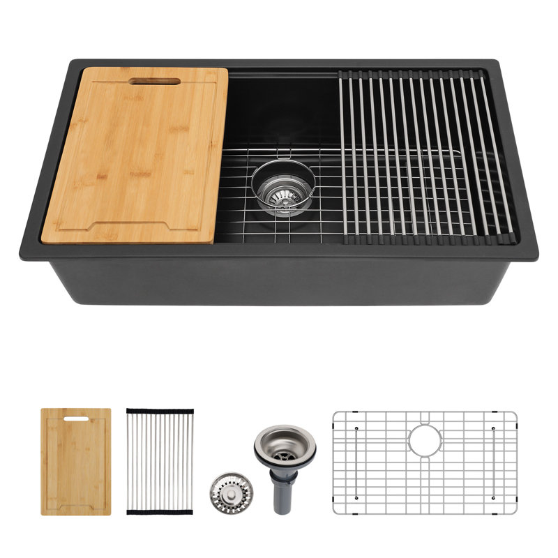30'' L Single Bowl Quartz/Granite Kitchen Sink, Black