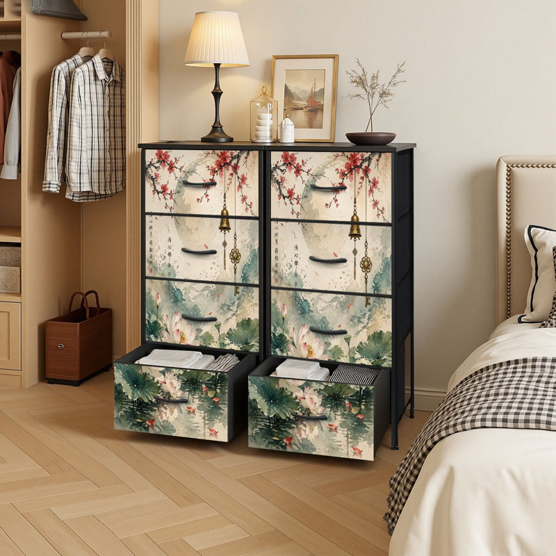 Commode à 4 tiroirs avec rangement vertical Lotus Pond et fleurs de cerisier en forme de cloche dorée