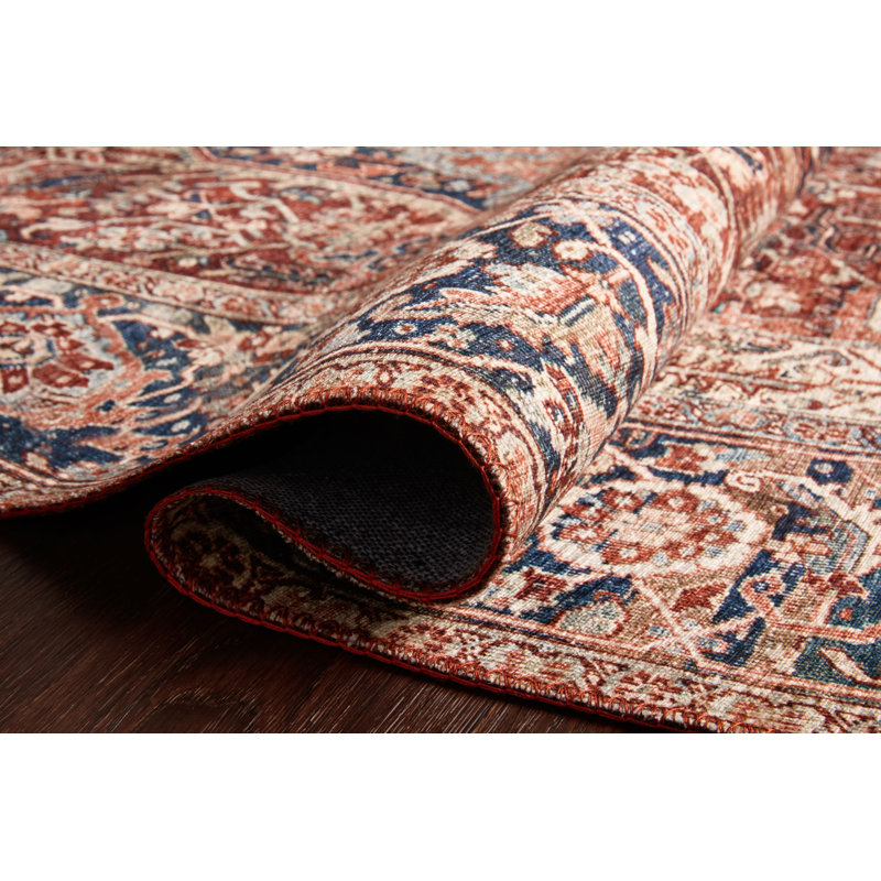 Tapis oriental rouge / bleu marine, Carré 1 pi 6 po